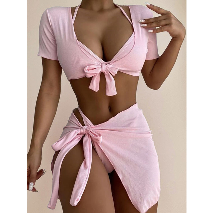 Halter Neck Bikini and Cover Up Four - Piece Swim Set Blush Pink / S Apparel Accessories