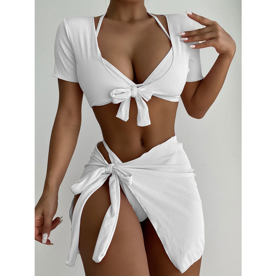 Halter Neck Bikini and Cover Up Four - Piece Swim Set White / S Apparel Accessories