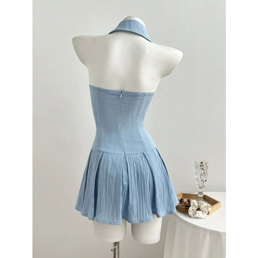Halter Neck Bow Tie Pleated Mini Dress Light Blue / S Apparel and Accessories
