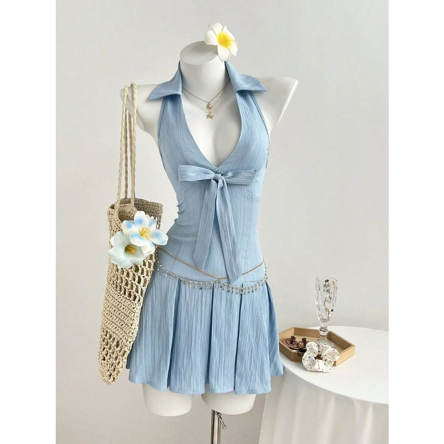 Halter Neck Bow Tie Pleated Mini Dress Light Blue / S Apparel and Accessories