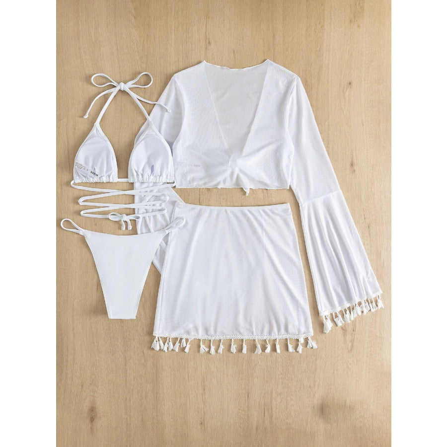 Halter Neck Bra Bottom Tassel Flare Sleeve Cover - Up and Skirt Four - Piece Swim Set Apparel Accessories