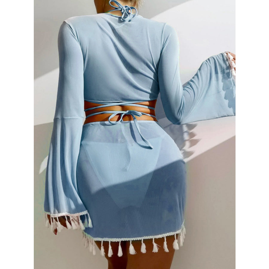 Halter Neck Bra Bottom Tassel Flare Sleeve Cover - Up and Skirt Four - Piece Swim Set Apparel Accessories