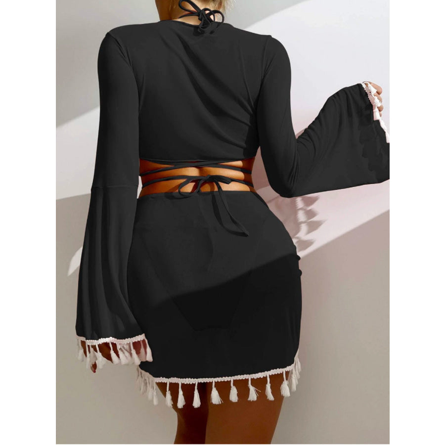 Halter Neck Bra Bottom Tassel Flare Sleeve Cover - Up and Skirt Four - Piece Swim Set Black / S Apparel Accessories