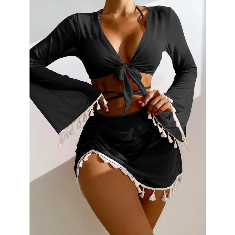 Halter Neck Bra Bottom Tassel Flare Sleeve Cover - Up and Skirt Four - Piece Swim Set Black / S Apparel Accessories