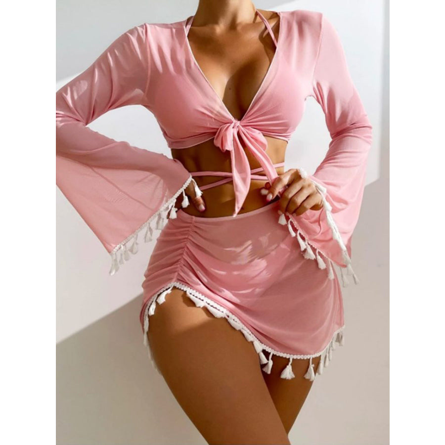 Halter Neck Bra Bottom Tassel Flare Sleeve Cover - Up and Skirt Four - Piece Swim Set Dusty Pink / S Apparel Accessories
