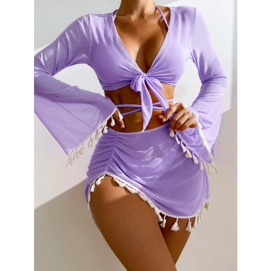 Halter Neck Bra Bottom Tassel Flare Sleeve Cover - Up and Skirt Four - Piece Swim Set Lavender / S Apparel Accessories
