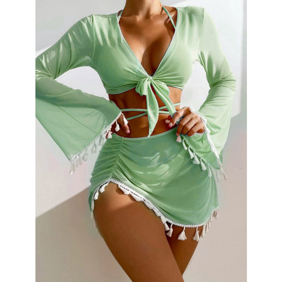 Halter Neck Bra Bottom Tassel Flare Sleeve Cover - Up and Skirt Four - Piece Swim Set Light Green / S Apparel Accessories