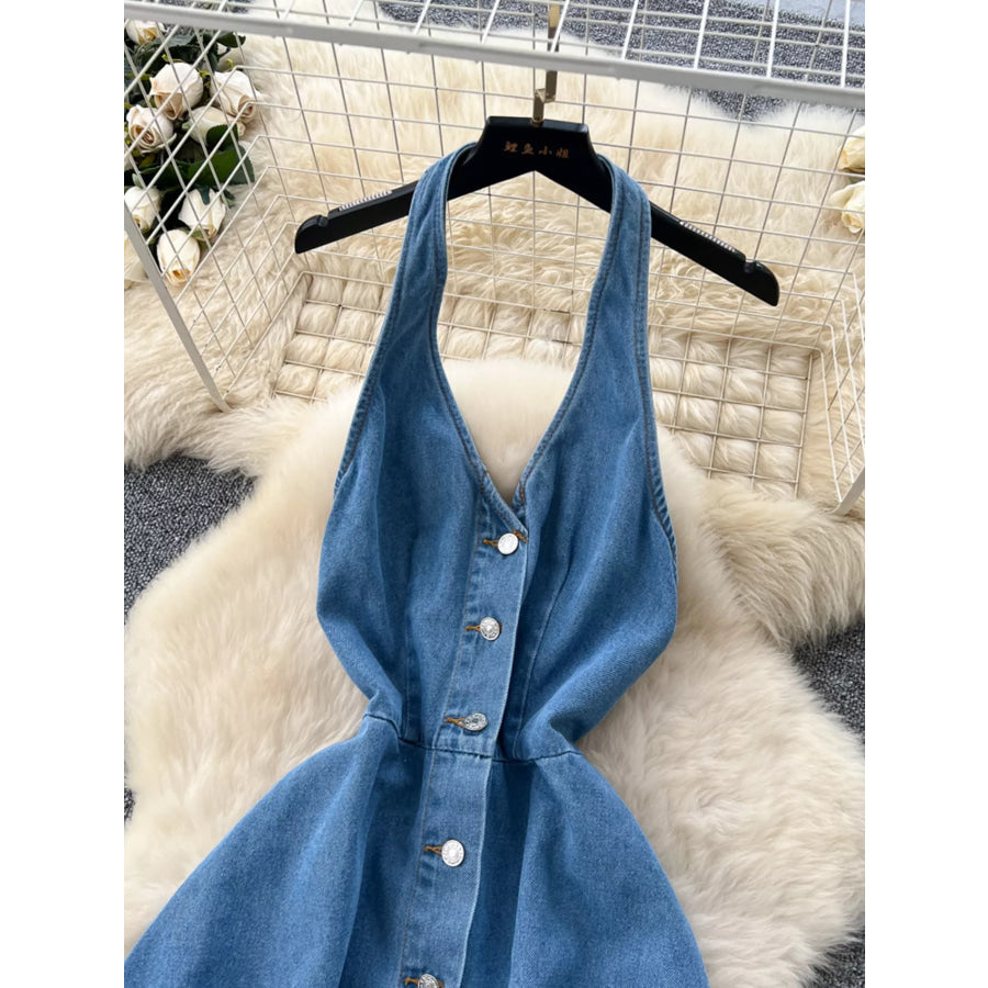 Halter Neck Button-Down Denim Dress Blue / XS Apparel and Accessories