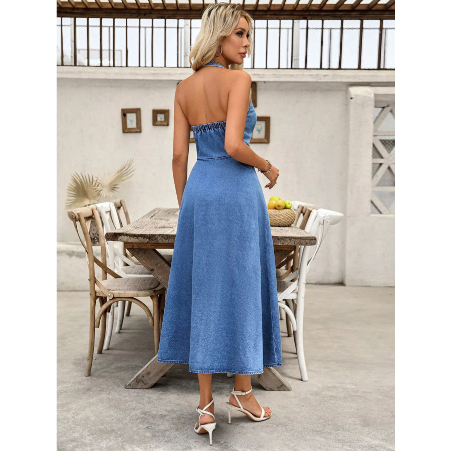 Halter Neck Button-Down Denim Dress Apparel and Accessories