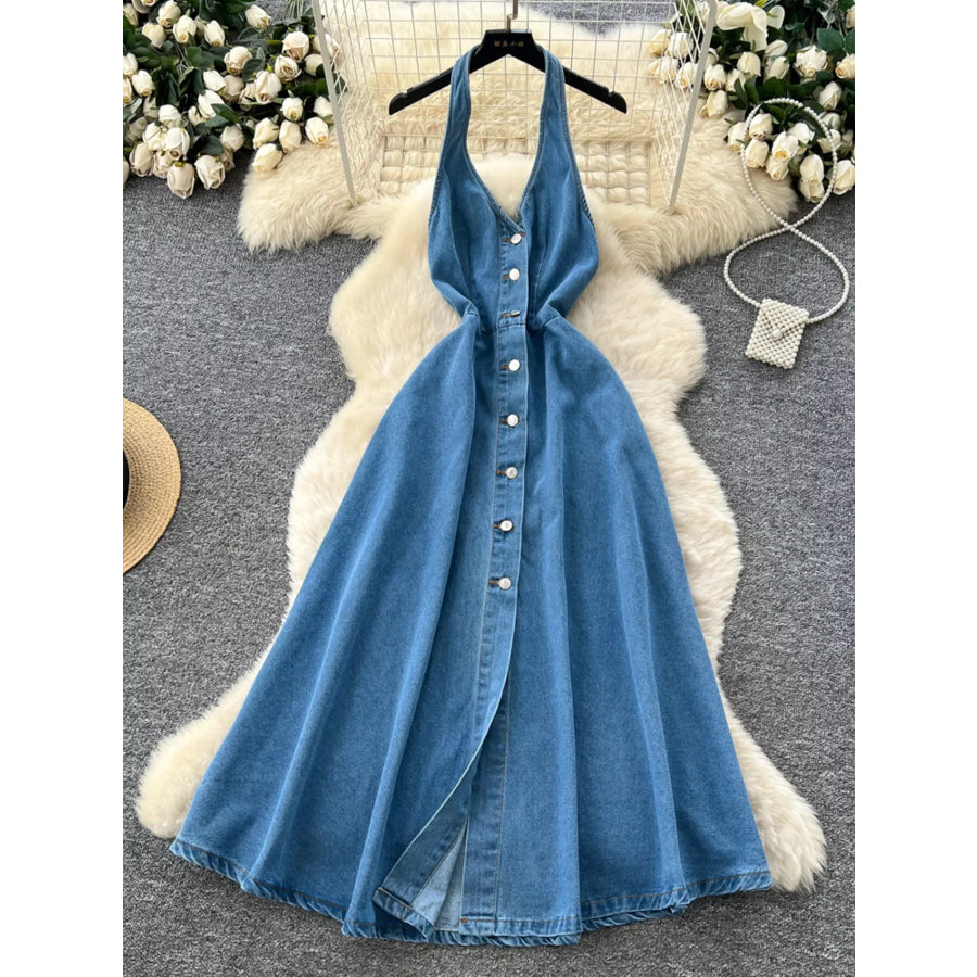 Halter Neck Button-Down Denim Dress Blue / XS Apparel and Accessories