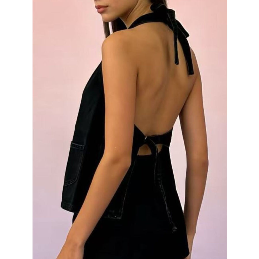 Halter Neck Button-Down Denim Vest Apparel and Accessories