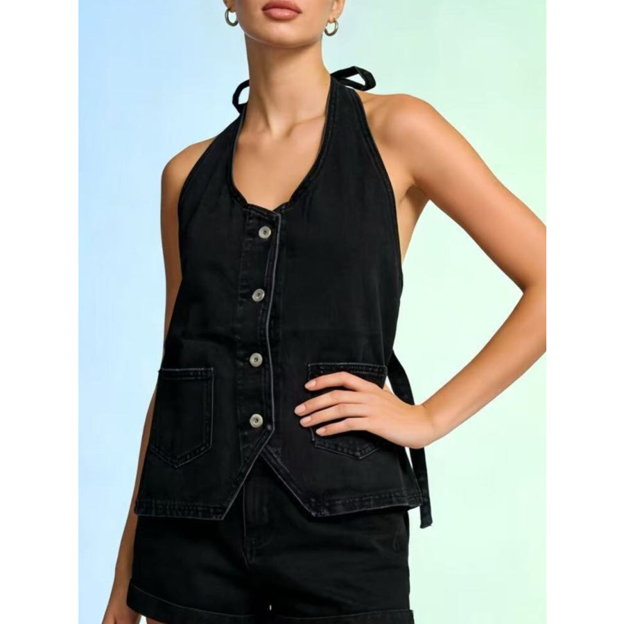 Halter Neck Button-Down Denim Vest Apparel and Accessories