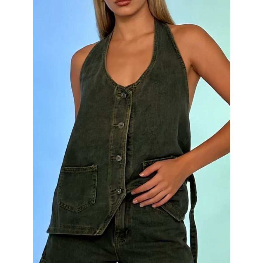 Halter Neck Button-Down Denim Vest Apparel and Accessories