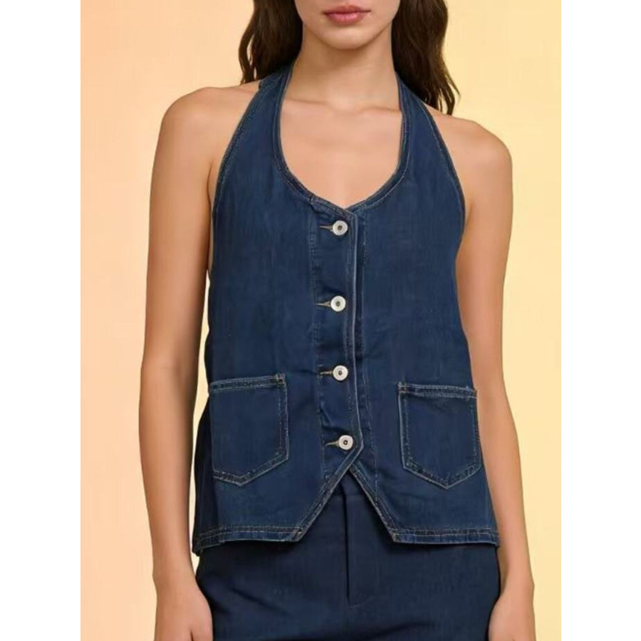 Halter Neck Button-Down Denim Vest Apparel and Accessories