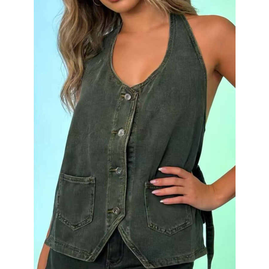 Halter Neck Button-Down Denim Vest Apparel and Accessories