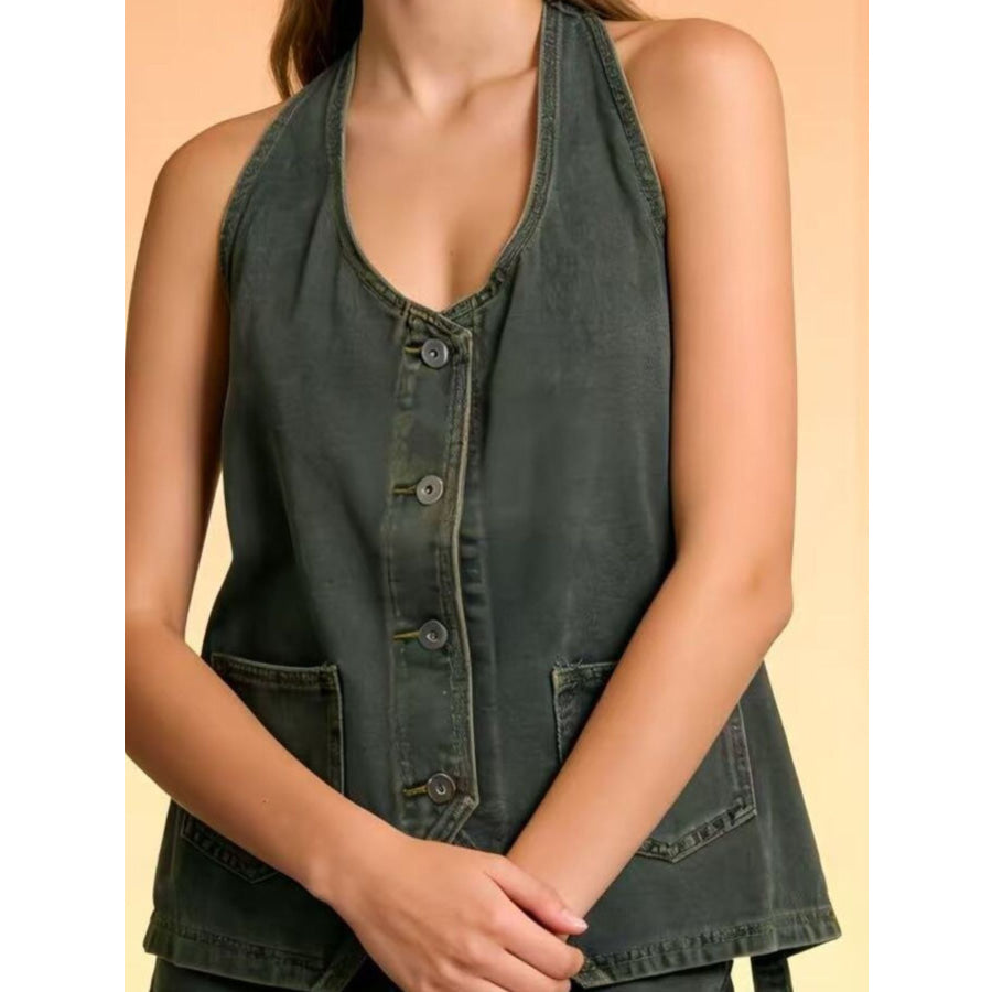 Halter Neck Button-Down Denim Vest Apparel and Accessories
