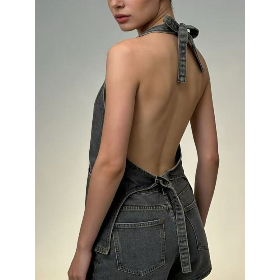 Halter Neck Button-Down Denim Vest Apparel and Accessories