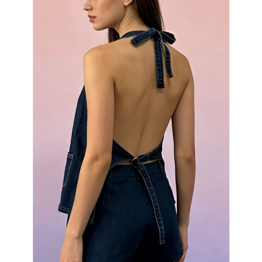 Halter Neck Button-Down Denim Vest Apparel and Accessories