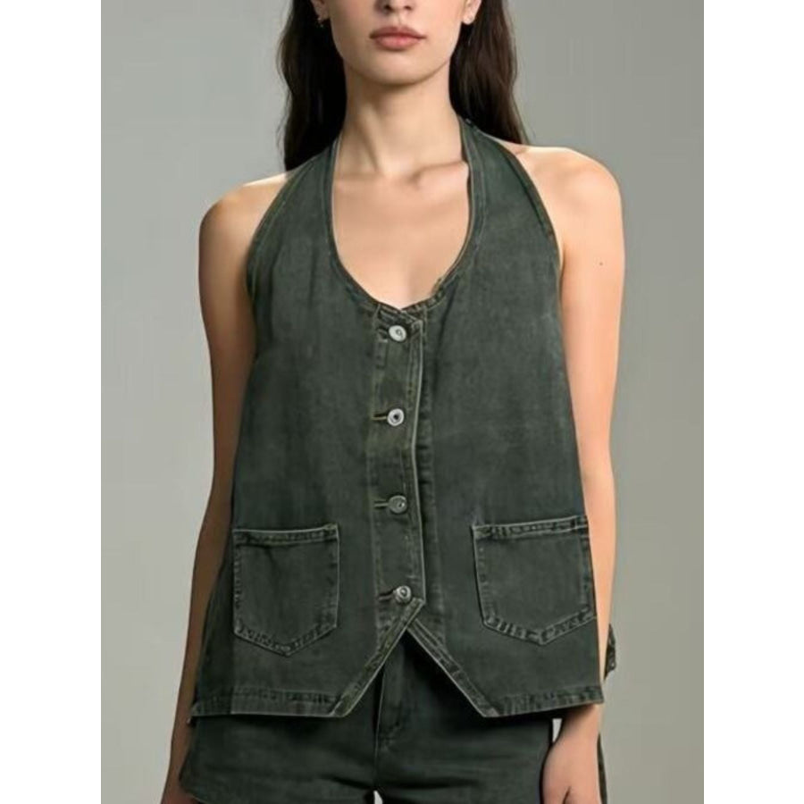 Halter Neck Button-Down Denim Vest Apparel and Accessories