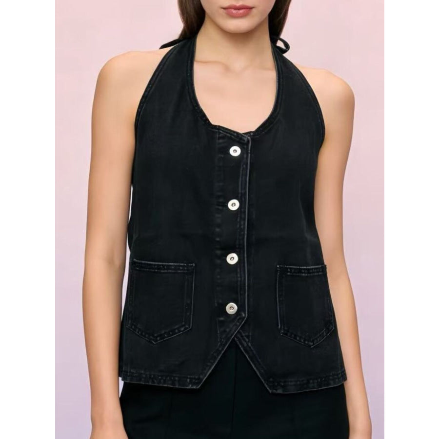 Halter Neck Button-Down Denim Vest Apparel and Accessories