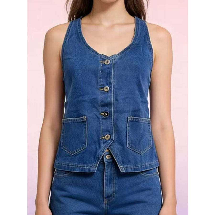 Halter Neck Button-Down Denim Vest Apparel and Accessories