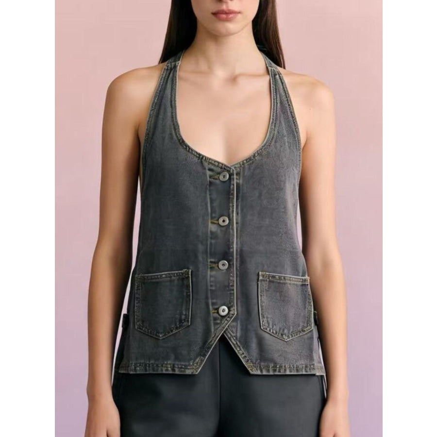 Halter Neck Button-Down Denim Vest Apparel and Accessories