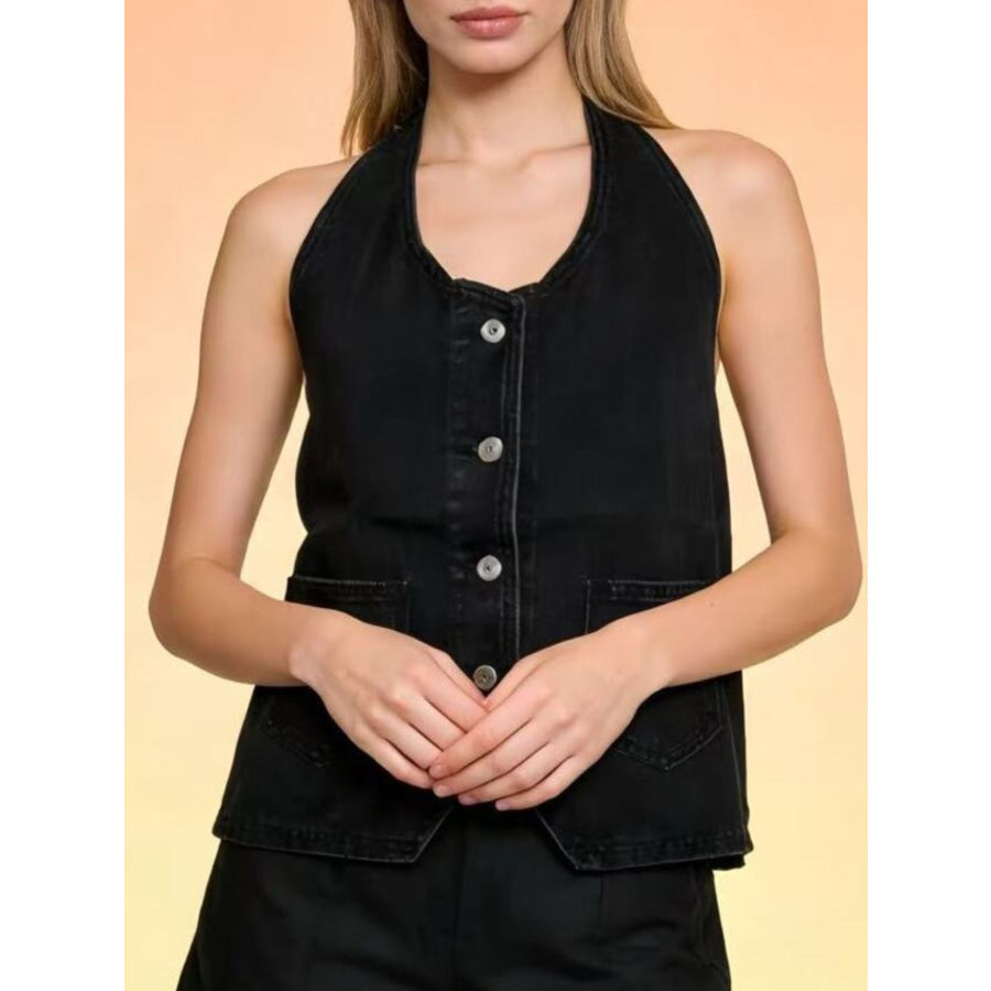 Halter Neck Button-Down Denim Vest Black / S Apparel and Accessories