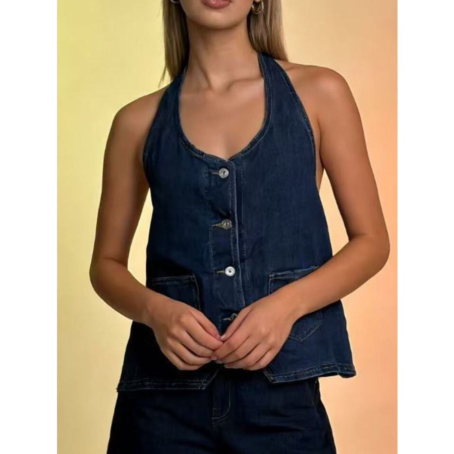 Halter Neck Button-Down Denim Vest Dark Blue / S Apparel and Accessories