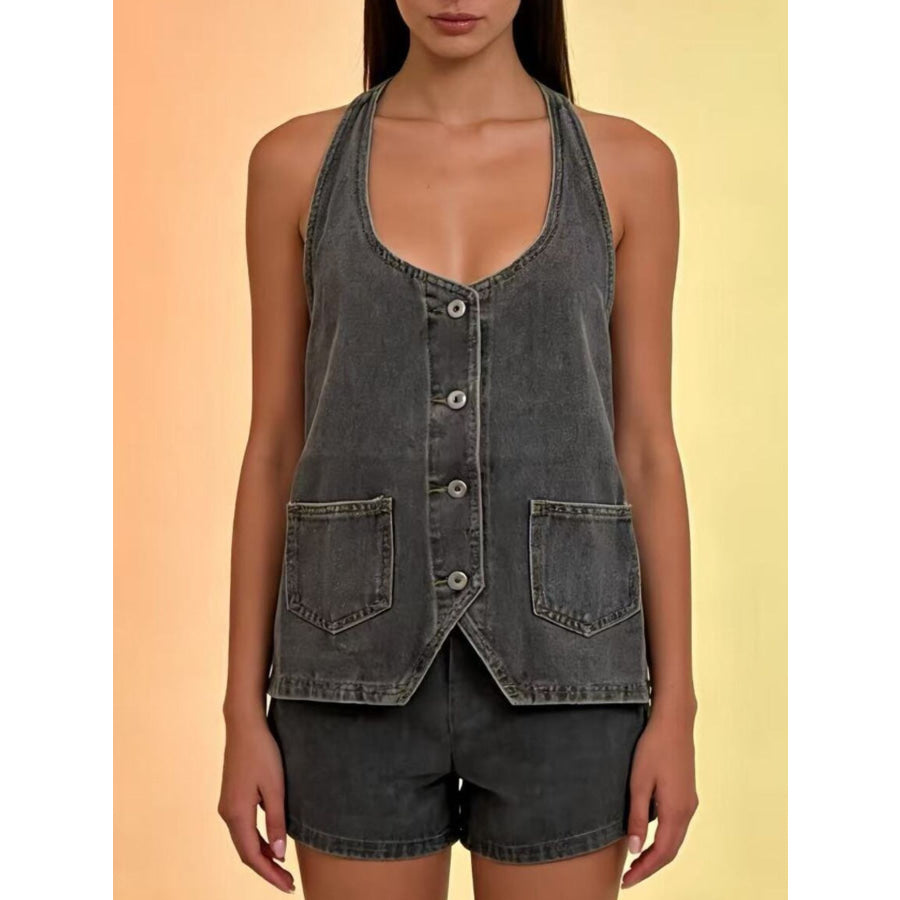 Halter Neck Button-Down Denim Vest Gray / S Apparel and Accessories