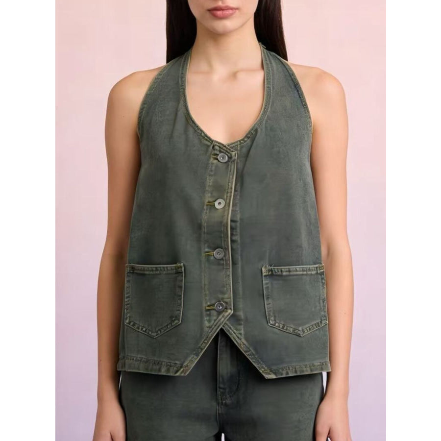 Halter Neck Button-Down Denim Vest Green / S Apparel and Accessories