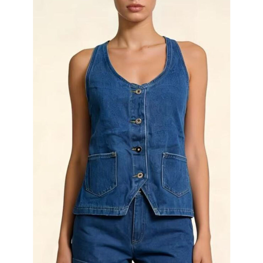 Halter Neck Button-Down Denim Vest Sky Blue / S Apparel and Accessories