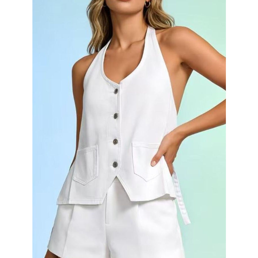 Halter Neck Button-Down Denim Vest White / S Apparel and Accessories