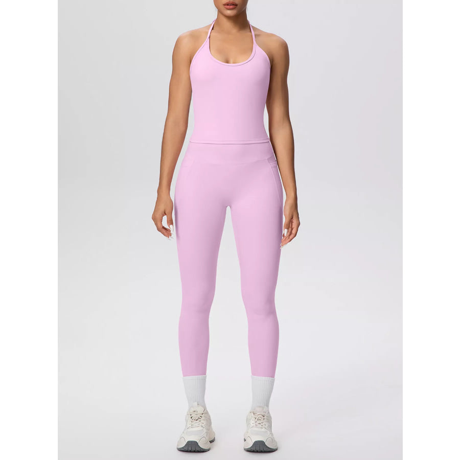 Halter Neck Cami and High-Waisted Leggings Active Set Blush Pink / S Apparel and Accessories