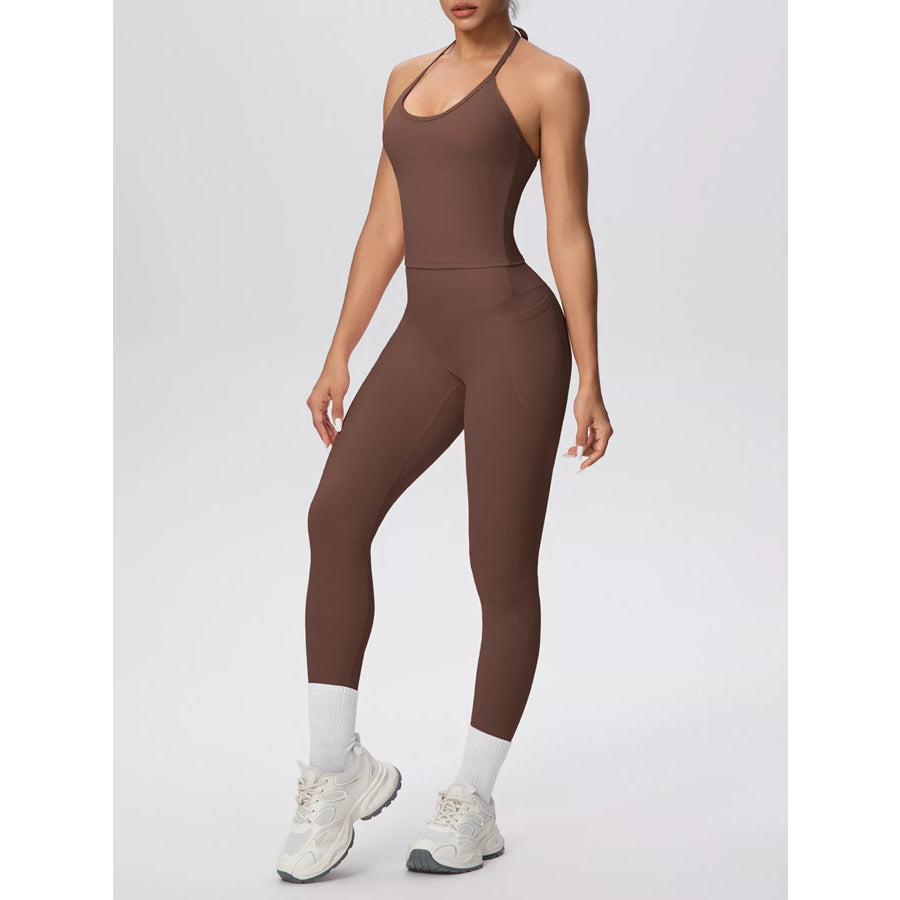 Halter Neck Cami and High-Waisted Leggings Active Set Brown / S Apparel and Accessories