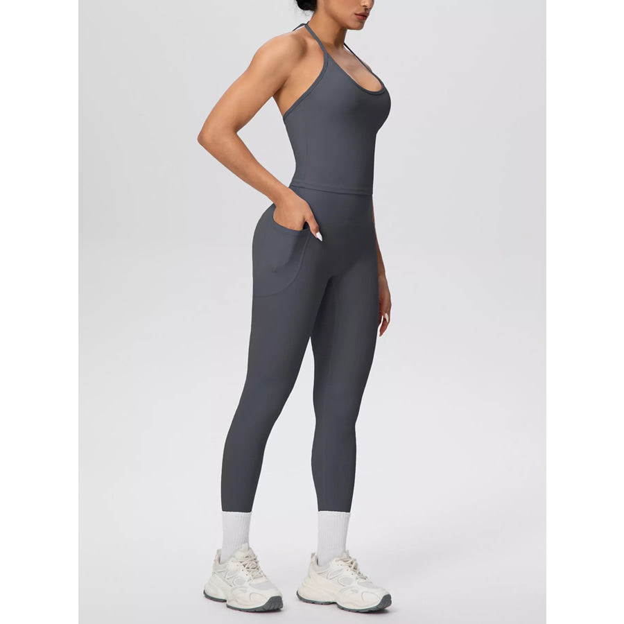 Halter Neck Cami and High-Waisted Leggings Active Set Dark Gray / S Apparel and Accessories