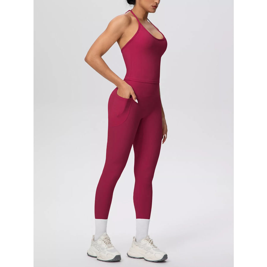 Halter Neck Cami and High-Waisted Leggings Active Set Deep Red / S Apparel and Accessories