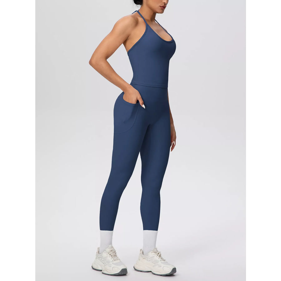 Halter Neck Cami and High-Waisted Leggings Active Set Peacock Blue / S Apparel and Accessories