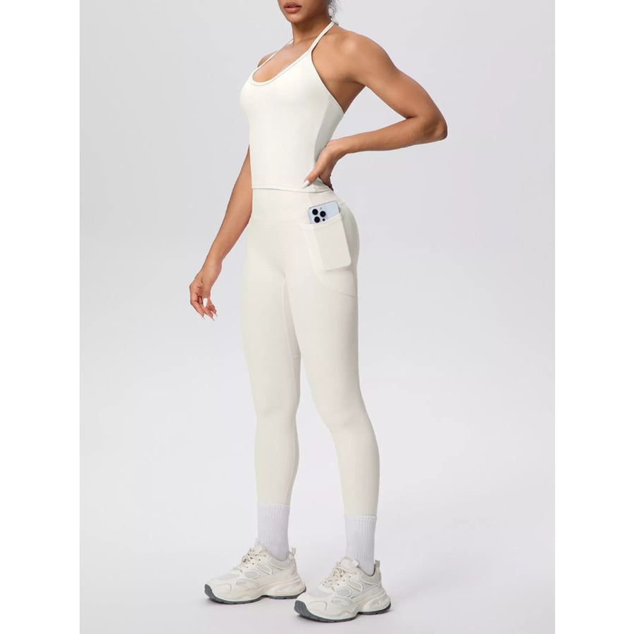 Halter Neck Cami and High-Waisted Leggings Active Set White / S Apparel and Accessories