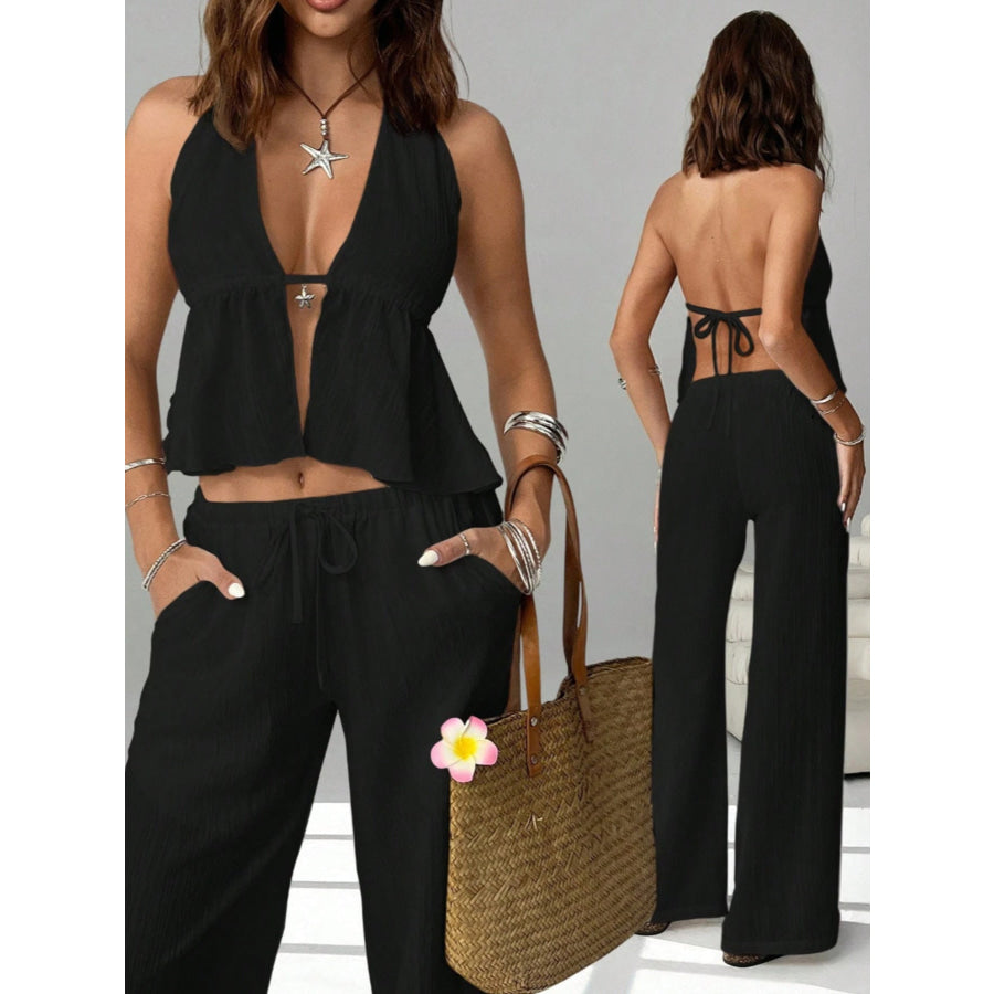 Halter Neck Cami and Pants Set Black / S Apparel and Accessories