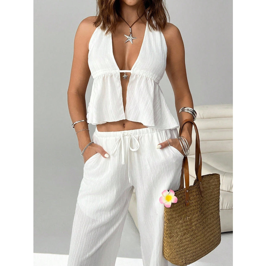 Halter Neck Cami and Pants Set White / S Apparel and Accessories