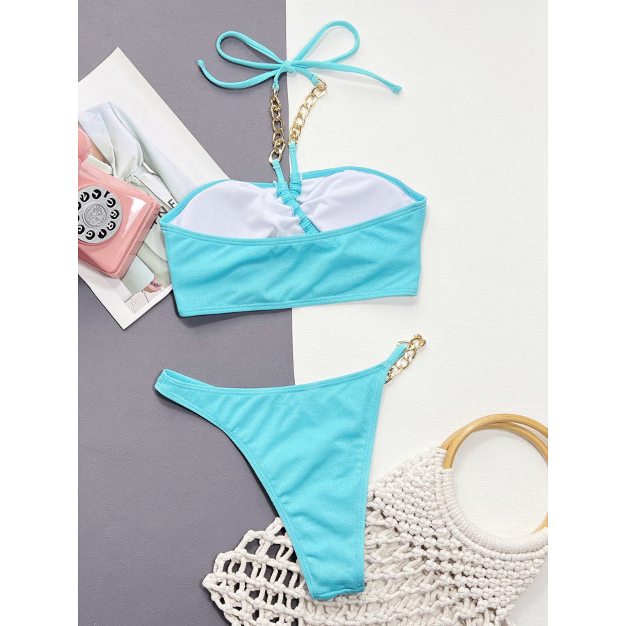 Halter Neck Chain Detail Two-Piece Bikini Set Apparel and Accessories