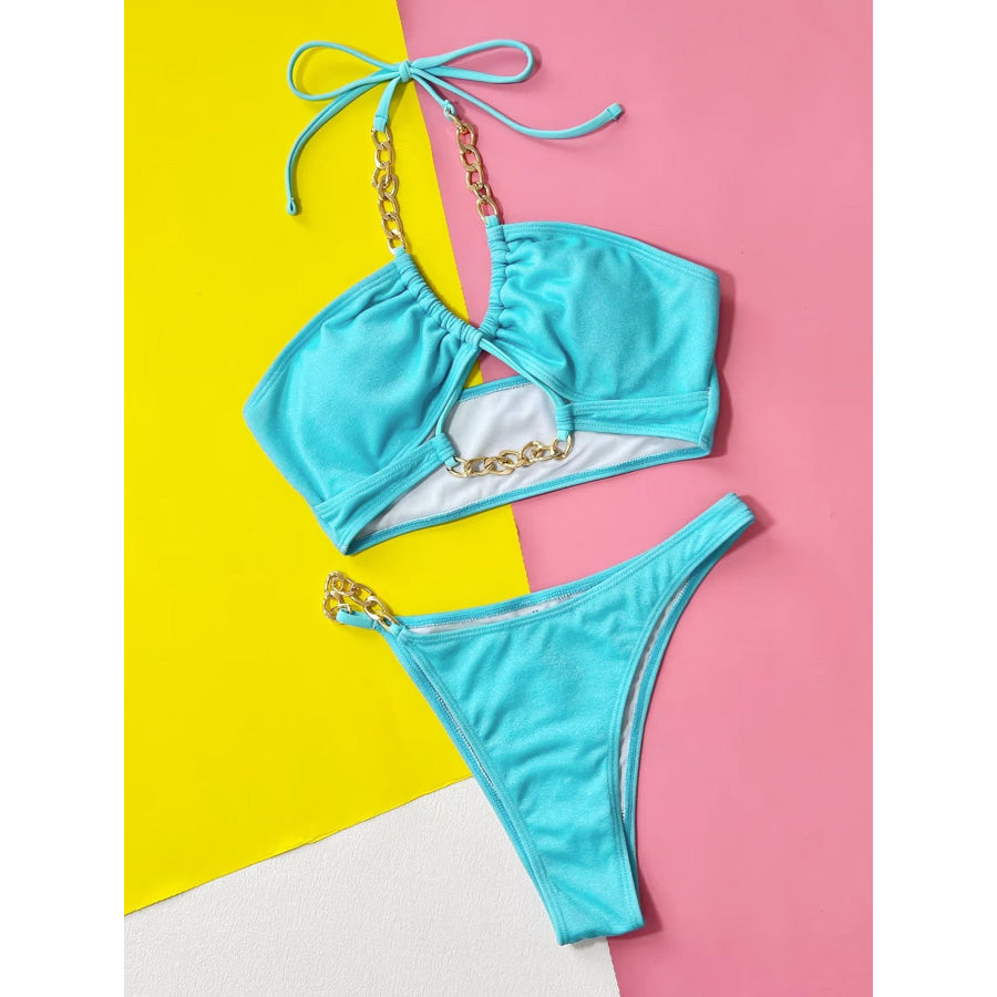 Halter Neck Chain Detail Two-Piece Bikini Set Apparel and Accessories
