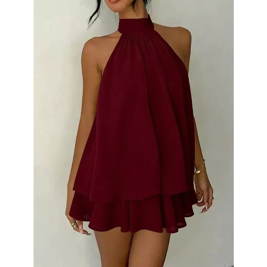 Halter Neck Chiffon Mini Dress Burgundy / XS Apparel and Accessories