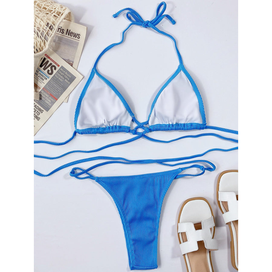 Halter Neck Crisscross Ribbed Bikini Set Apparel and Accessories