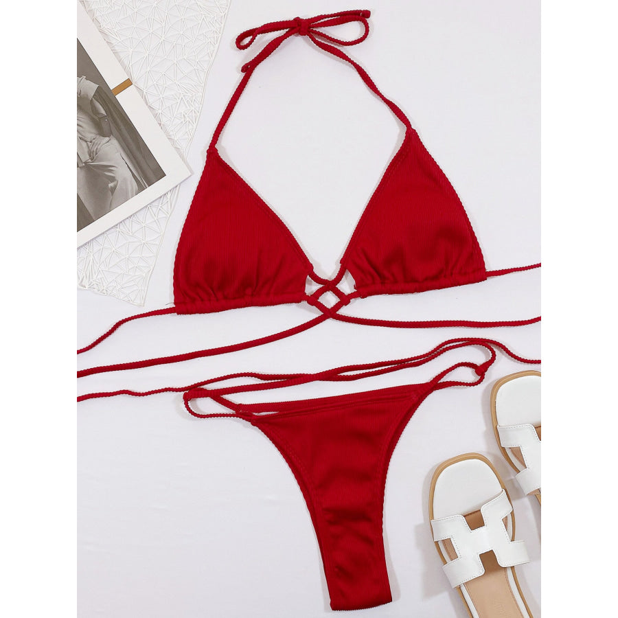 Halter Neck Crisscross Ribbed Bikini Set Apparel and Accessories