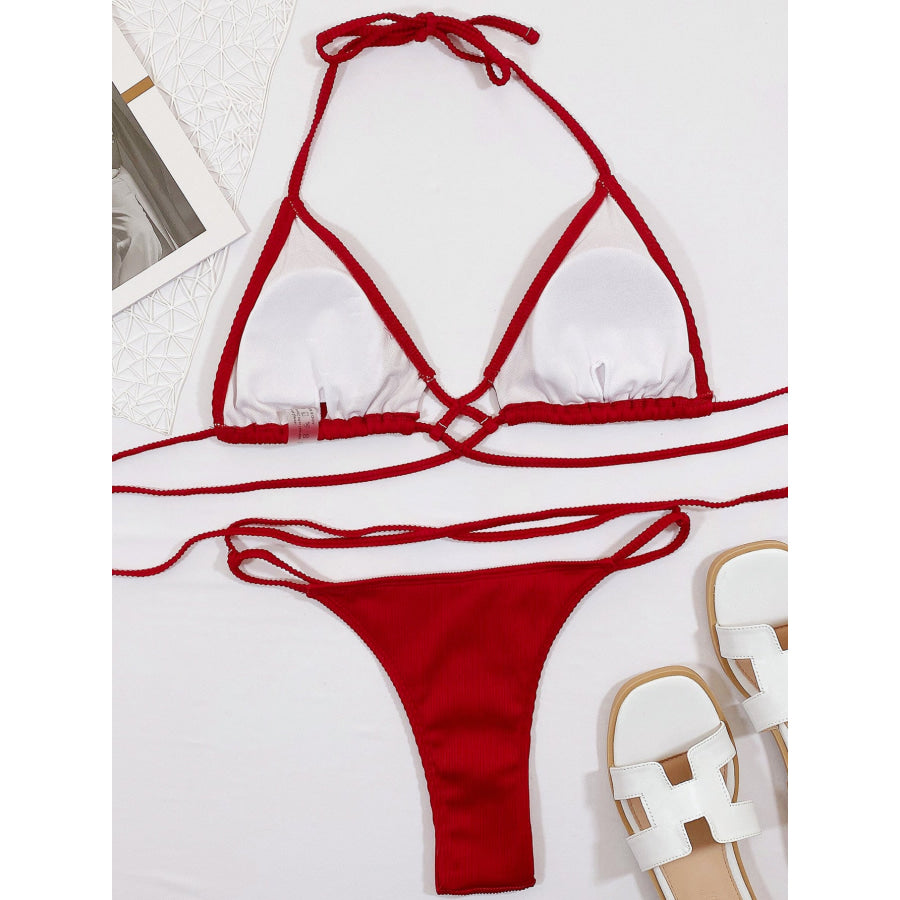 Halter Neck Crisscross Ribbed Bikini Set Burgundy / S Apparel and Accessories