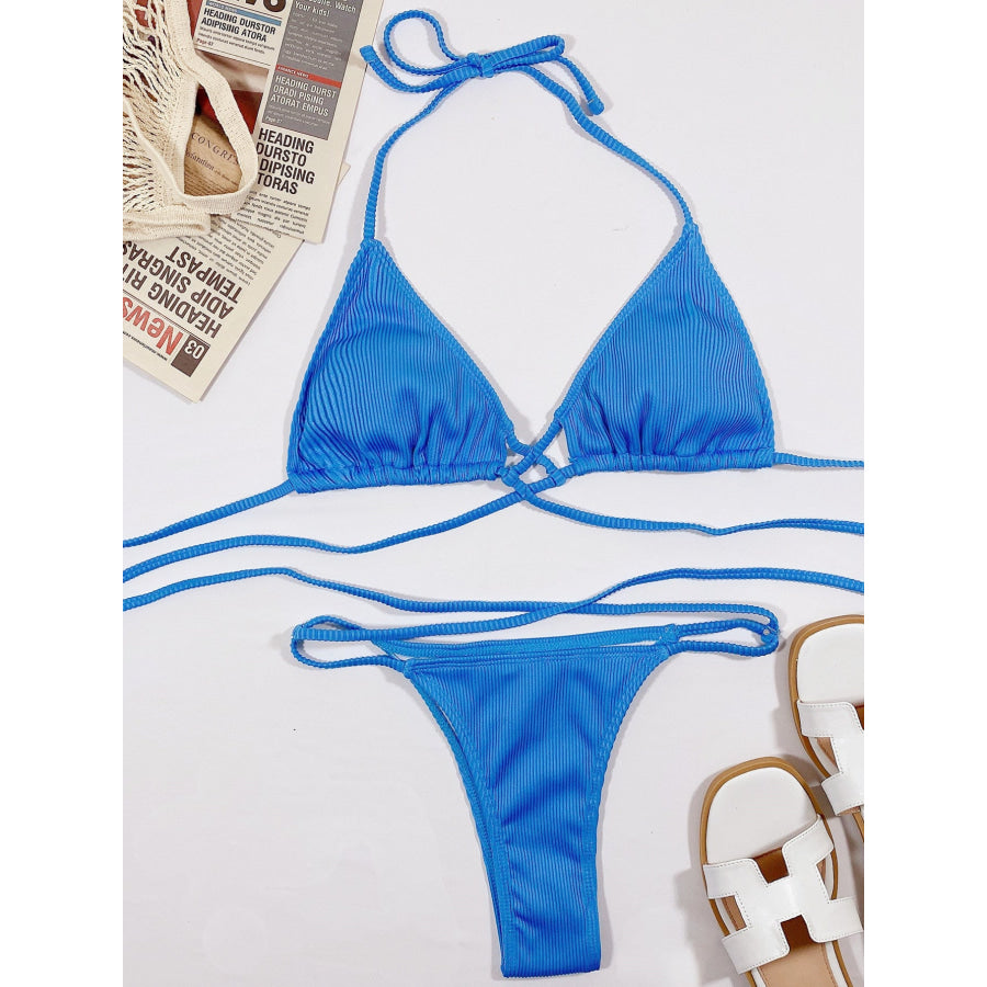 Halter Neck Crisscross Ribbed Bikini Set Apparel and Accessories