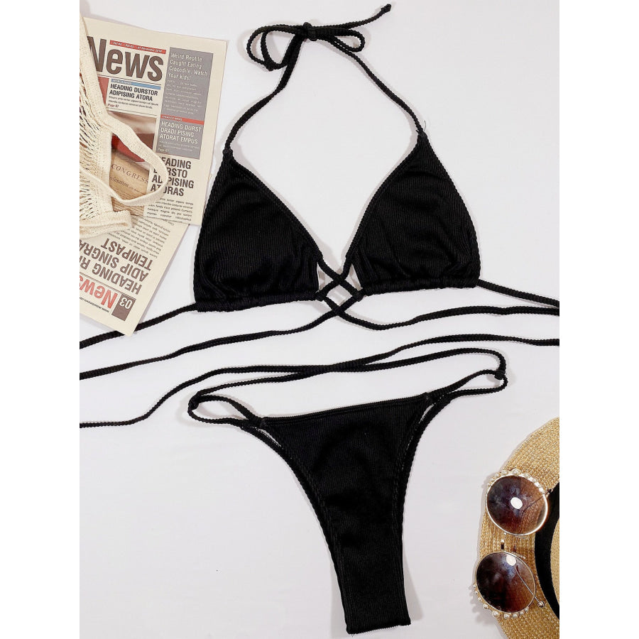Halter Neck Crisscross Ribbed Bikini Set Black / S Apparel and Accessories
