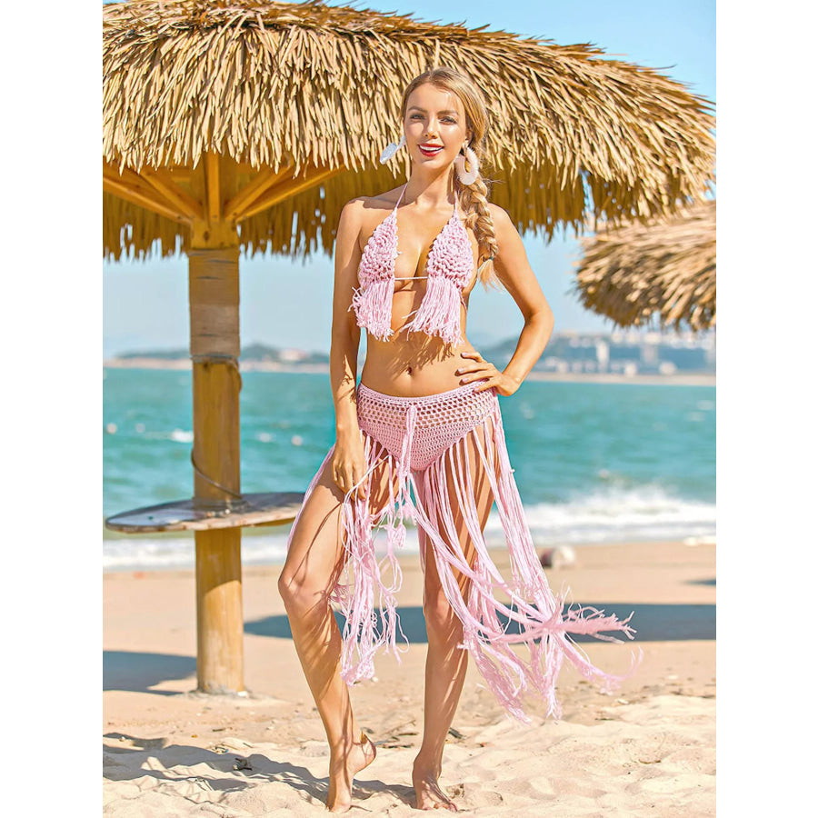 Halter Neck Crochet Knit Cami and Fringe Bottom Swim Set Apparel and Accessories