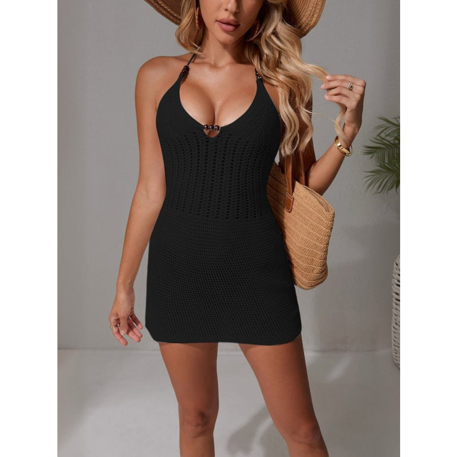 Halter Neck Crochet Knit Cover Up Dress Black / S Apparel and Accessories